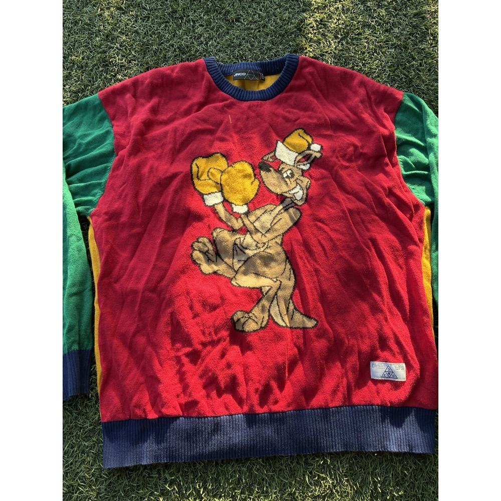 JNCO Jeans Boxing Kangaroo Colorblock Vintage Style Knit Sweater Red Yellow‎ S - Picture 2 of 6